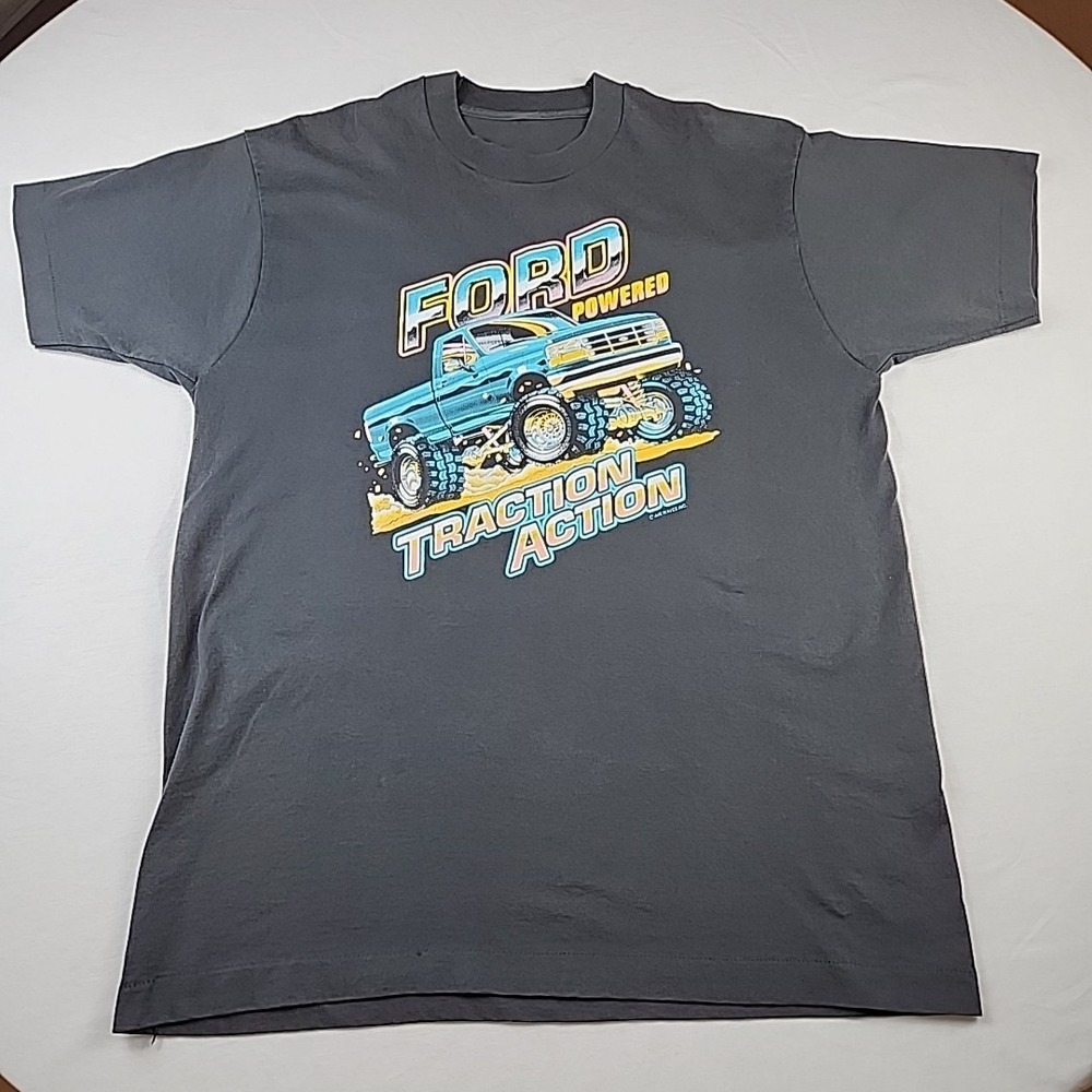 VTG Ford Truck Powered Traction Action Black T-Shirt XL Single Stitch 1990s